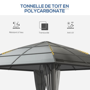 Tonnelle de jardin pavillon de jardin 3 x 3 m structure aluminium toit polycarbonate imperméable UV 60+ avec parois latéraux gris foncé