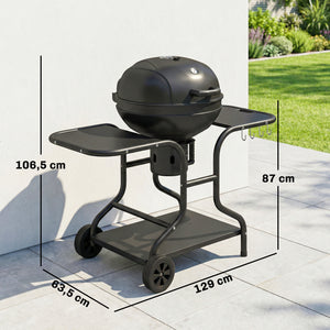 Barbecue à charbon Rond avec couvercle Barbecue Rond Extérieur avec Thermomètre, Tables Latérales, Étagère Inférieure, Roues pour Jardin, Terrasse, Noir