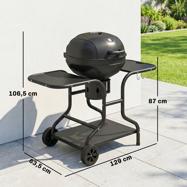 Barbecue à charbon Rond avec couvercle Barbecue Rond Extérieur avec Thermomètre, Tables Latérales, Étagère Inférieure, Roues pour Jardin, Terrasse, Noir
