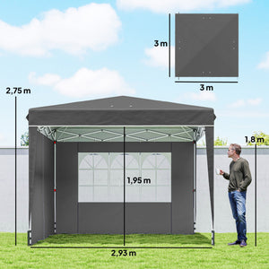 Tonnelle de jardin exterieur 3x3m, tonnelle pliante avec parois latérales, protection UV 50+, sac de transport, hauteur réglable, tente de réception avec fenêtre et porte zippée, gris foncé