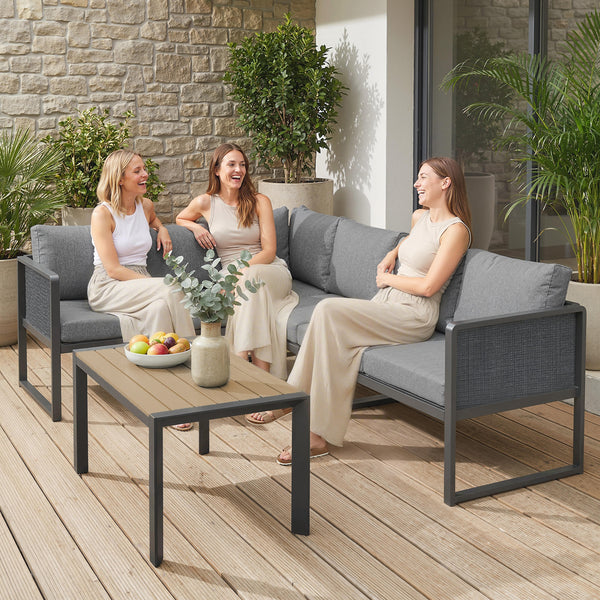 Salon de jardin extérieur d'angle modulable 6 personnes, canapés, table basse à lattes effet bois, coussins, structure en métal et textileline, mobilier de jardin terrasse balcon, gris foncé