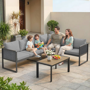 Salon de jardin extérieur d'angle modulable 6 personnes, canapés, table basse à lattes effet bois, coussins, structure en métal et textileline, mobilier de jardin terrasse balcon, gris foncé