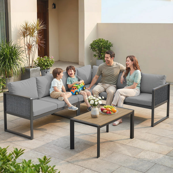 Salon de jardin extérieur d'angle modulable 6 personnes, canapés, table basse à lattes effet bois, coussins, structure en métal et textileline, mobilier de jardin terrasse balcon, gris foncé