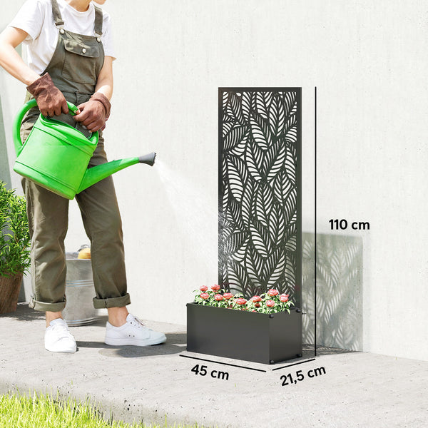 Jardinière avec treillis, bac à fleurs, lit surélevé avec brise-vue, à motif de feuilles, pour plantes grimpantes, légumes, fleurs, métal, intérieur et extérieur, 45x21,5x110cm, noir