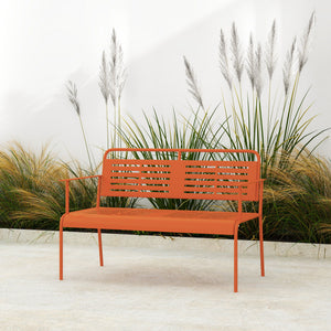 Banc de jardin 2 places banc extérieur jardin en acier avec accoudoirs et dossier pour balcon terrasse patio véranda pelouse, 121 x 64 x 84 cm, rouge