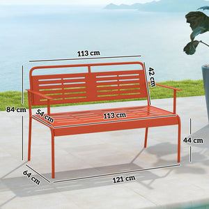 Banc de jardin 2 places banc extérieur jardin en acier avec accoudoirs et dossier pour balcon terrasse patio véranda pelouse, 121 x 64 x 84 cm, rouge
