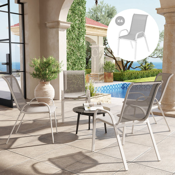 Lot de 4 chaises de jardin, chaises empilables, dossier haut incliné, tissu en maille respirante, cadre en acier, gris