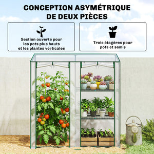 Serre de Jardin avec étagères 3 niveaux, Petite Serre de Balcon en Bâche PVC et Châssis Acier, 2 Portes Enroulables, pour Légumes Plantes Fleurs, 143 x 45 x 151 cm, Transparent
