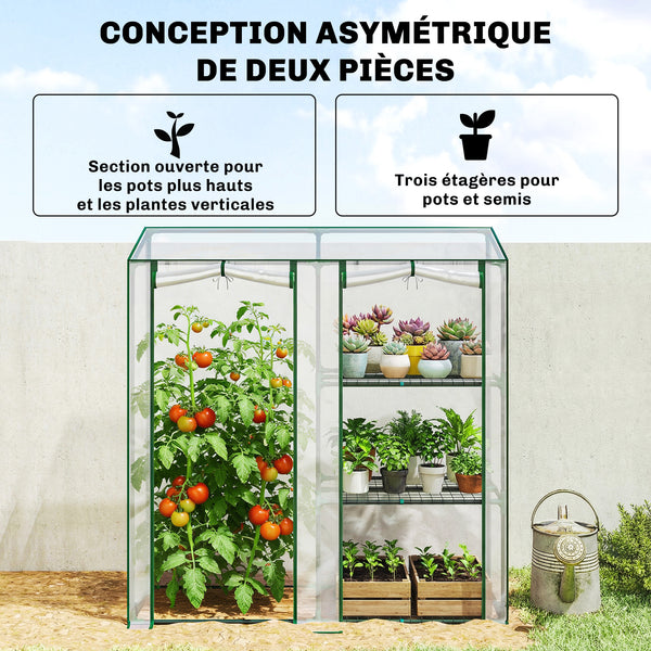 Serre de Jardin avec étagères 3 niveaux, Petite Serre de Balcon en Bâche PVC et Châssis Acier, 2 Portes Enroulables, pour Légumes Plantes Fleurs, 143 x 45 x 151 cm, Transparent