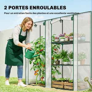 Serre de Jardin avec étagères 3 niveaux, Petite Serre de Balcon en Bâche PVC et Châssis Acier, 2 Portes Enroulables, pour Légumes Plantes Fleurs, 143 x 45 x 151 cm, Transparent