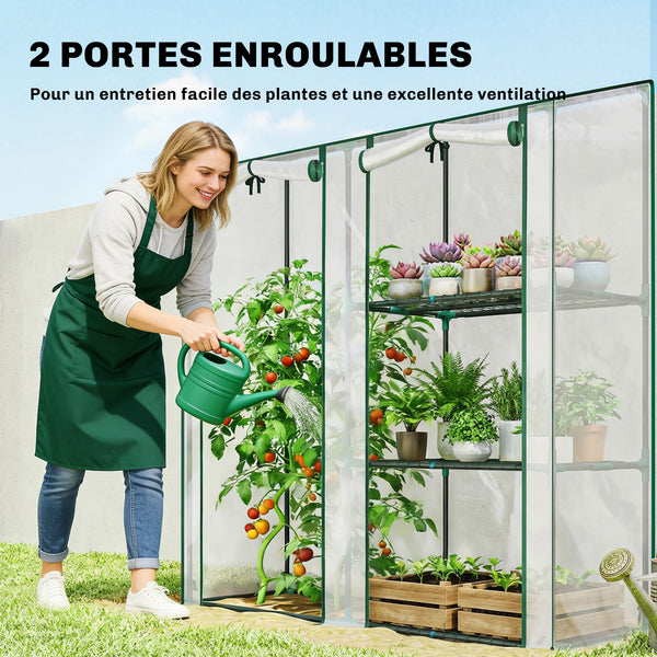 Serre de Jardin avec étagères 3 niveaux, Petite Serre de Balcon en Bâche PVC et Châssis Acier, 2 Portes Enroulables, pour Légumes Plantes Fleurs, 143 x 45 x 151 cm, Transparent