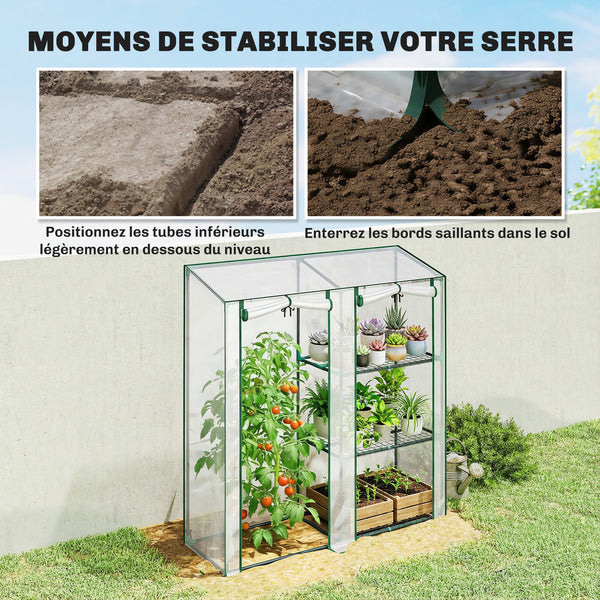 Serre de Jardin avec étagères 3 niveaux, Petite Serre de Balcon en Bâche PVC et Châssis Acier, 2 Portes Enroulables, pour Légumes Plantes Fleurs, 143 x 45 x 151 cm, Transparent