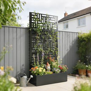 Jardinière avec treillis, bac à fleurs en acier galvanisé, lit surélevé avec brise-vue, trous de drainage, motif géométrique, pour plantes grimpantes, légumes, 90 x 40 x 180 cm, noir