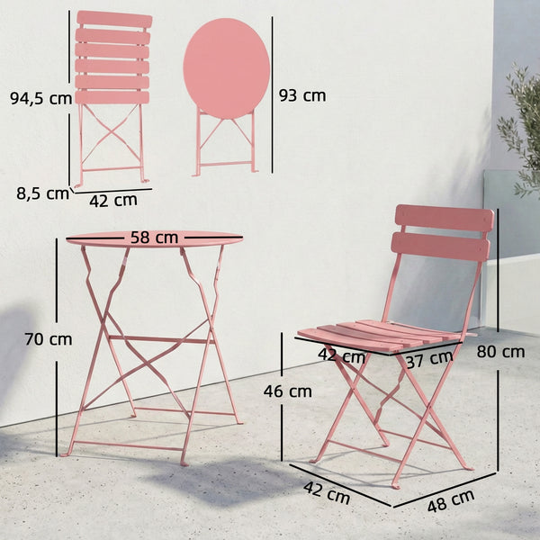 Ensemble Bistrot de Jardin 3 Pièces san Montage - Table et 2 Chaises Pliantes à Lattes en Métal avec Double Protection Antirouille - Mobilier de Balcon et Terrasse Chic, Rose