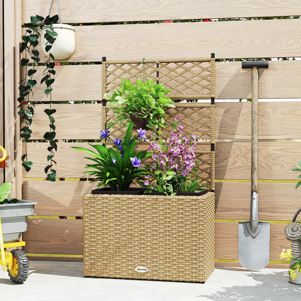 Jardinière pour plantes avec treillis 2 pots bac à plante jardinière 22L jardin balcon patio terrasse extérieur en résine tressée et acier 57 x 30 x 107 cm sable