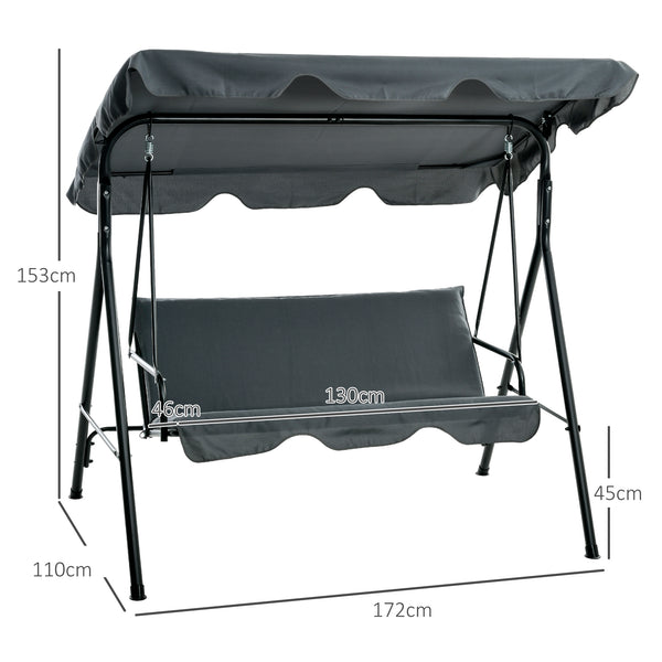Balancelle de Jardin 3 Places Toit Inclinaison réglable Coussins Assise et Dossier 1,72L x 1,1l x 1,53H m Acier Noir Polyester Gris