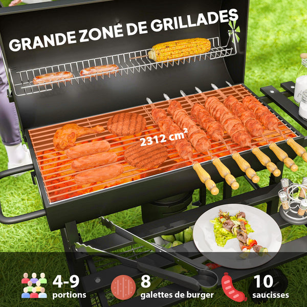 Barbecue charbon de bois avec tablette avant pliable, grand barbecue au charbon de bois avec tablette inférieure, grille de cuisson, couvercle avec thermomètre et 2 roues, noir