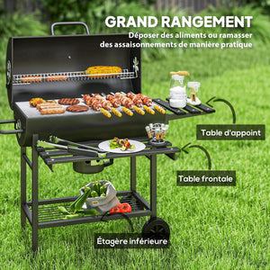 Barbecue charbon de bois avec tablette avant pliable, grand barbecue au charbon de bois avec tablette inférieure, grille de cuisson, couvercle avec thermomètre et 2 roues, noir