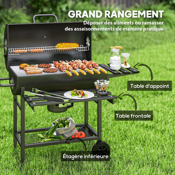 Barbecue charbon de bois avec tablette avant pliable, grand barbecue au charbon de bois avec tablette inférieure, grille de cuisson, couvercle avec thermomètre et 2 roues, noir