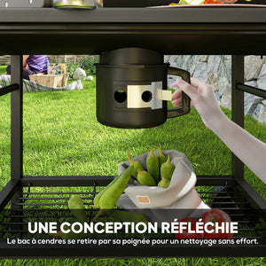 Barbecue charbon de bois avec tablette avant pliable, grand barbecue au charbon de bois avec tablette inférieure, grille de cuisson, couvercle avec thermomètre et 2 roues, noir