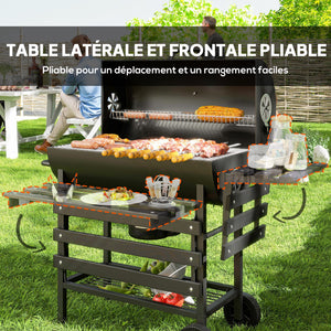 Barbecue charbon de bois avec tablette avant pliable, grand barbecue au charbon de bois avec tablette inférieure, grille de cuisson, couvercle avec thermomètre et 2 roues, noir