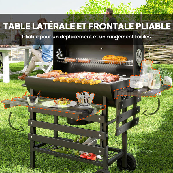 Barbecue charbon de bois avec tablette avant pliable, grand barbecue au charbon de bois avec tablette inférieure, grille de cuisson, couvercle avec thermomètre et 2 roues, noir