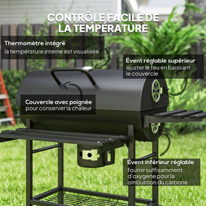 Barbecue charbon de bois avec tablette avant pliable, grand barbecue au charbon de bois avec tablette inférieure, grille de cuisson, couvercle avec thermomètre et 2 roues, noir