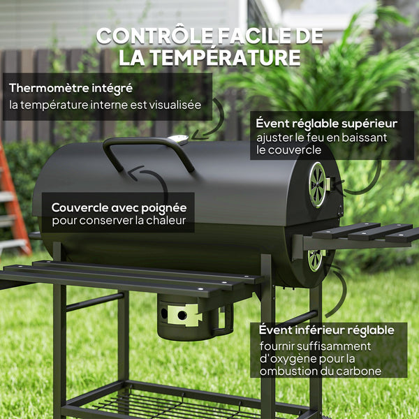 Barbecue charbon de bois avec tablette avant pliable, grand barbecue au charbon de bois avec tablette inférieure, grille de cuisson, couvercle avec thermomètre et 2 roues, noir
