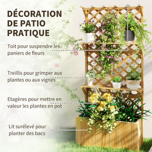 Jardinière avec treillis lit surélevé de jardin potager sur pied en bois avec étagères, trous de drainage et doublure, bac à fleurs pot de plantes pour balcon terrasse patio, naturel