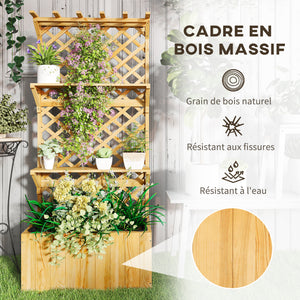 Jardinière avec treillis lit surélevé de jardin potager sur pied en bois avec étagères, trous de drainage et doublure, bac à fleurs pot de plantes pour balcon terrasse patio, naturel