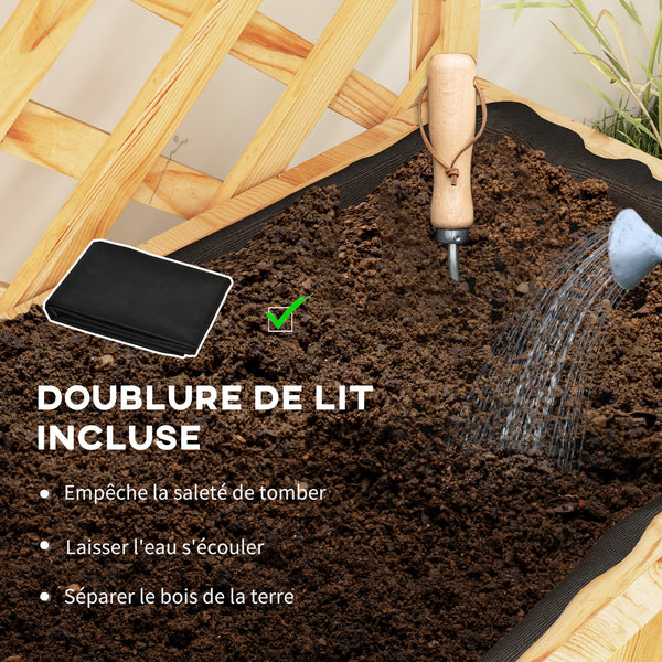Jardinière avec treillis lit surélevé de jardin potager sur pied en bois avec étagères, trous de drainage et doublure, bac à fleurs pot de plantes pour balcon terrasse patio, naturel