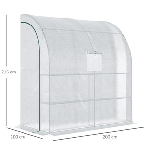 Serre de jardin PE avec étagères 3 niveaux, serre de balcon, bâche renforcée 140 g/m², châssis en acier, 2 portes zippées enroulables, pour légumes plantes fleurs, 200 x 100 x 215 cm, blanc