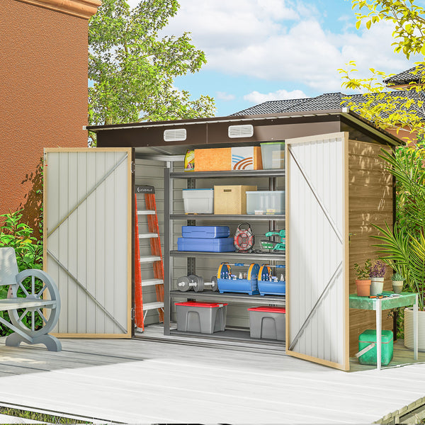 Abri de Jardin en Métal 3 m², Cabane de Jardin 249x121x183cm, Structure en Acier Galvanisé Améliorée, Cabanon Rangement Outils, Gants, Portes Verrouillables, Aérations, Chêne