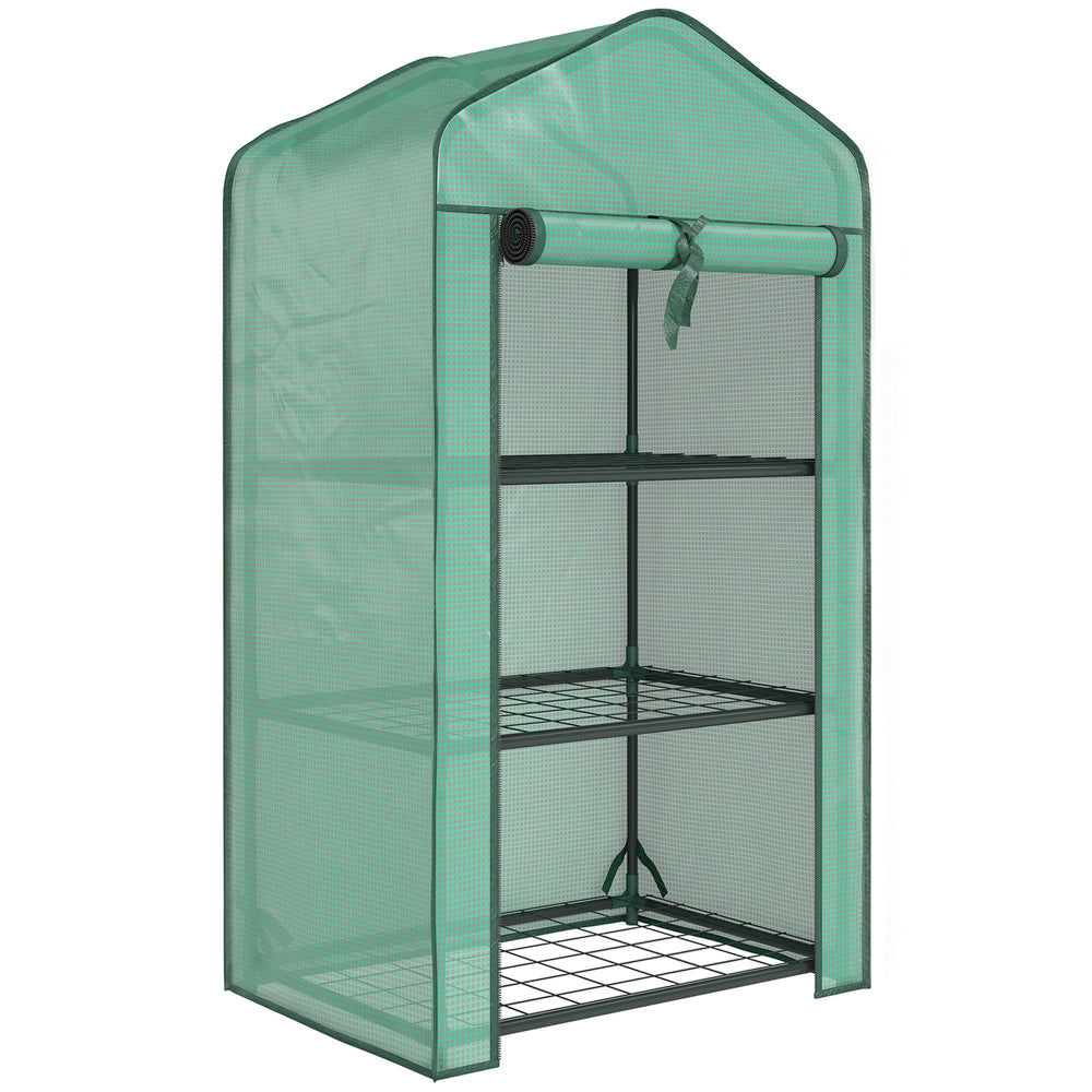 Serre de jardin avec étagères 3 niveaux, serre de balcon, bâche renforcée PE, châssis en acier, porte zippée enroulable, pour légumes plantes fleurs, 59 x 39 x 127 cm, vert