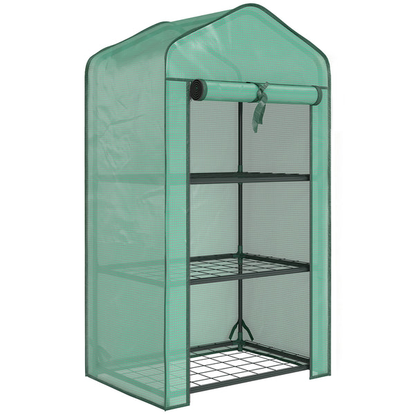Serre de jardin avec étagères 3 niveaux, serre de balcon, bâche renforcée PE, châssis en acier, porte zippée enroulable, pour légumes plantes fleurs, 59 x 39 x 127 cm, vert