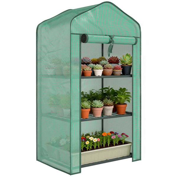 Serre de jardin avec étagères 3 niveaux, serre de balcon, bâche renforcée PE, châssis en acier, porte zippée enroulable, pour légumes plantes fleurs, 59 x 39 x 127 cm, vert