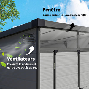 Abri de jardin en polypropylène 3,24 m², cabane de jardin 190 x 191 x 215 cm, cabanon rangement outils avec fenêtres, 2 évents, double porte verrouillable, gris clair