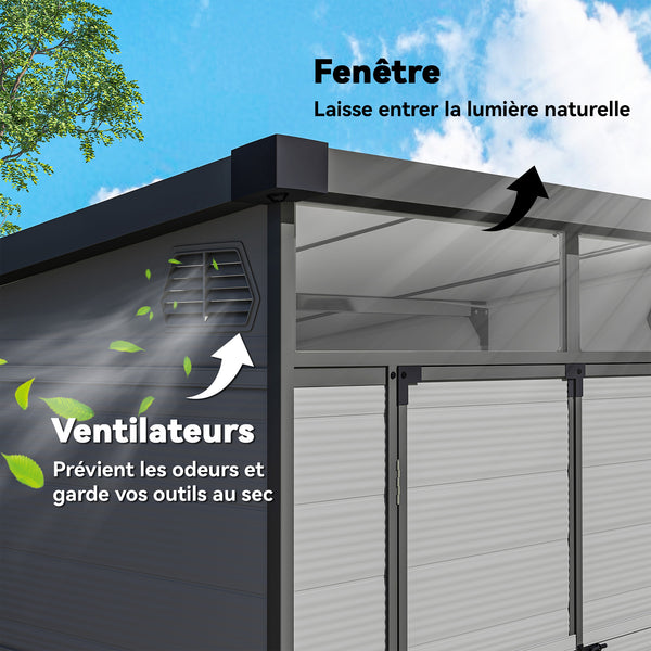 Abri de jardin en polypropylène 3,24 m², cabane de jardin 190 x 191 x 215 cm, cabanon rangement outils avec fenêtres, 2 évents, double porte verrouillable, gris clair