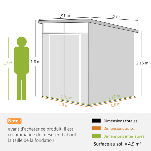 Abri de jardin en polypropylène 3,24 m², cabane de jardin 190 x 191 x 215 cm, cabanon rangement outils avec fenêtres, 2 évents, double porte verrouillable, gris clair