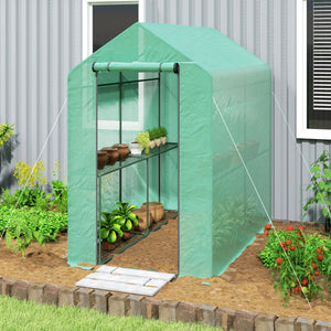 Serre de jardin PE avec étagère 2 niveaux, serre de balcon, bâche renforcée 140 g/m², châssis en acier, porte zippée enroulable, pour légumes plantes fleurs, 186 x 120 x 190 cm, vert