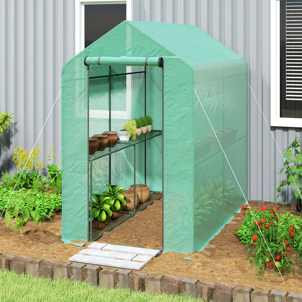 Serre de jardin PE avec étagère 2 niveaux, serre de balcon, bâche renforcée 140 g/m², châssis en acier, porte zippée enroulable, pour légumes plantes fleurs, 186 x 120 x 190 cm, vert