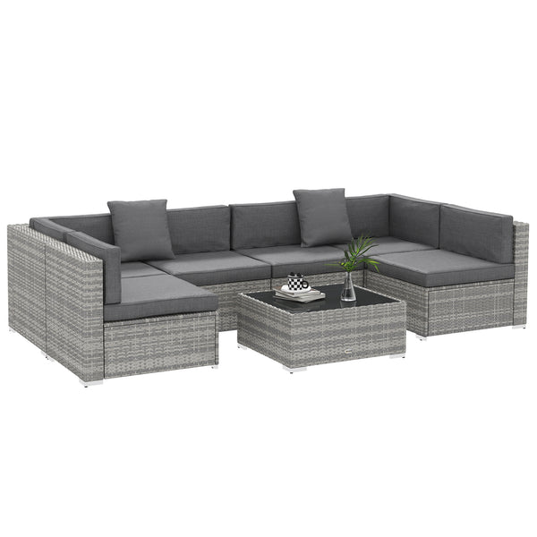 Ensemble salon de jardin 7 pièces modulables table basse plateau verre trempé coussins déhoussables inclus résine tressée imitation rotin gris