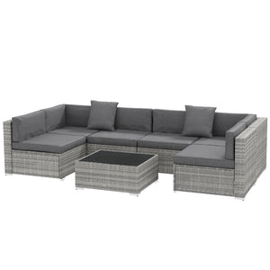 Ensemble salon de jardin 7 pièces modulables table basse plateau verre trempé coussins déhoussables inclus résine tressée imitation rotin gris