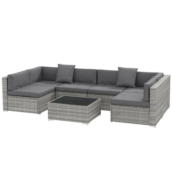 Ensemble salon de jardin 7 pièces modulables table basse plateau verre trempé coussins déhoussables inclus résine tressée imitation rotin gris