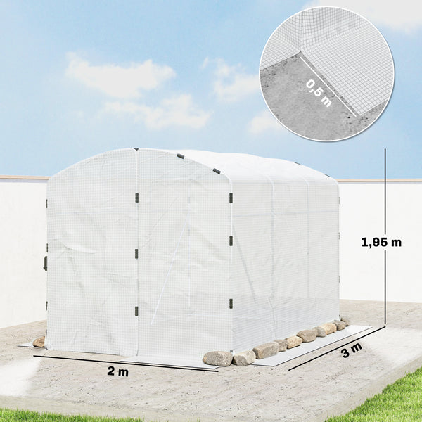 Serre tunnel de jardin 6m², serre de jardin tunnel 300x200x195cm bâche PE 220g/m², bords prolongés 50 cm, avec porte, pour extérieur, toutes saisons, légumes, fruits, fleurs, blanc