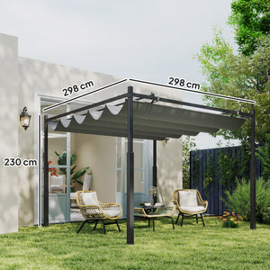 Pergola coulissante rétractable 3 x 3 m pergola jardin exterieur à fixation magnétique, tonnelle de jardin, polyester haute densité 180g/m², abri soleil UPF30+, pour terrasse, patio, gris
