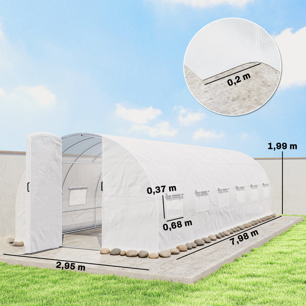 Serre tunnel de jardin 24m², serre de jardin tunnel 295x798x199cm avec portes et 12 fenêtres avec moustiquaires, bâche PE haute densité 140 g/m² prolongée de 20 cm, pour extérieur, blanc