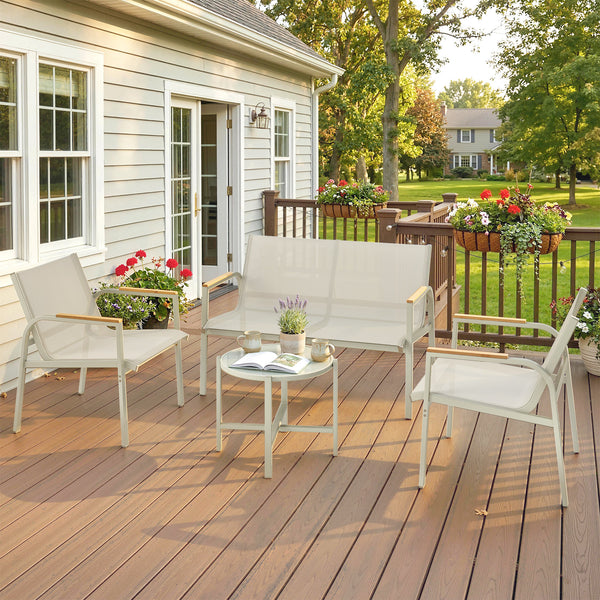 Salon de Jardin 4 Pièces en Textilène, Ensemble de Terrasse avec Canapé 2 Places, 2 Fauteuils et Table Basse en Verre Trempé, Mobilier de Jardin pour Balcon ou Piscine, Vert