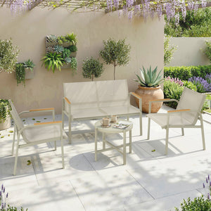Salon de Jardin 4 Pièces en Textilène, Ensemble de Terrasse avec Canapé 2 Places, 2 Fauteuils et Table Basse en Verre Trempé, Mobilier de Jardin pour Balcon ou Piscine, Vert