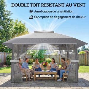 Tonnelle de jardin 4 x 4 m pop up tente pliante réglable en hauteur protection UV30+ tonnelle pliante avec double toit 4 parois en maille 4 sacs de sable sac de transport montage facile gris